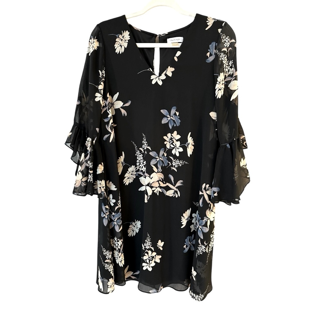 Calvin Klein Black multi Ruffle Sleeve A-Line Dress; Size 10